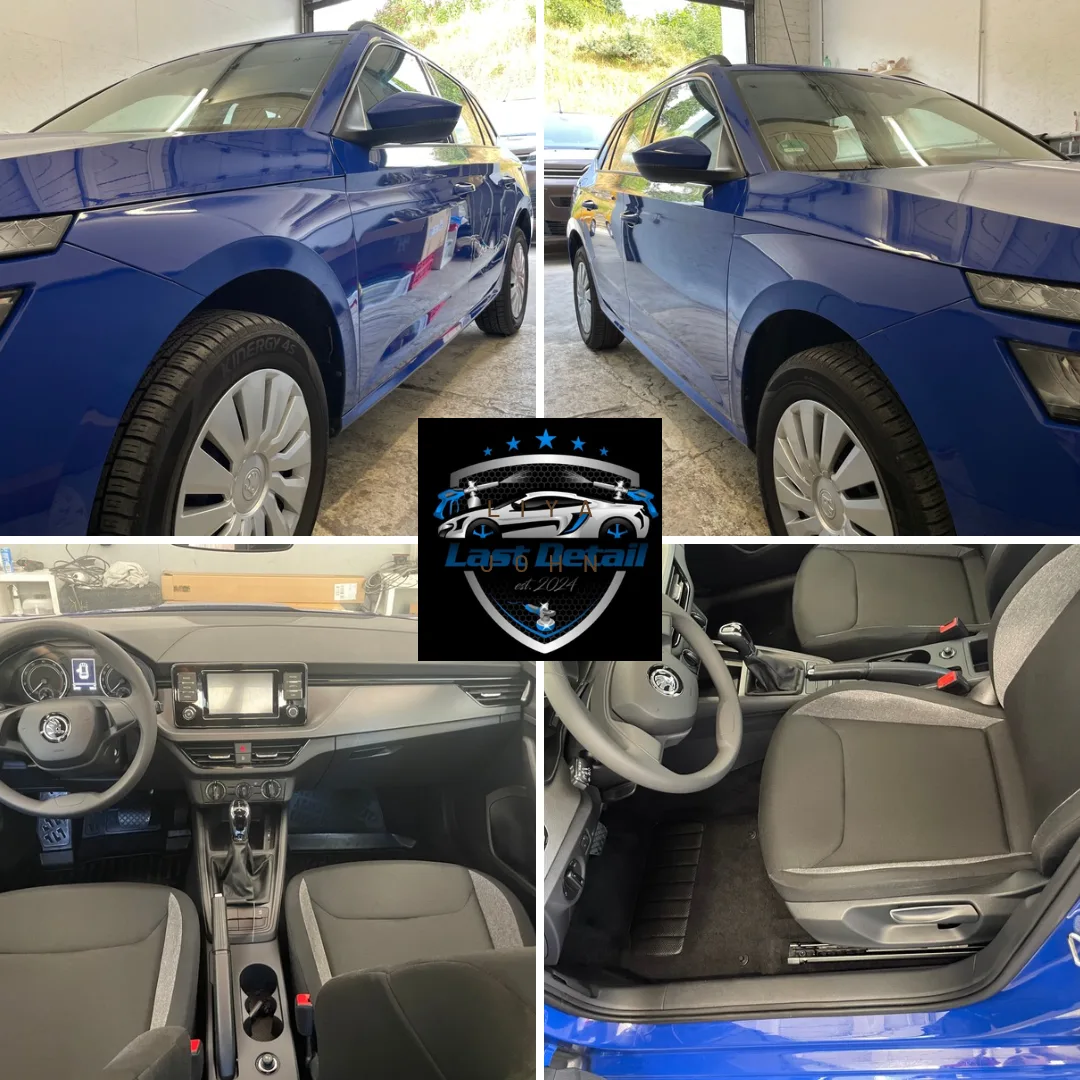 Vierteilige Collage mit Last-Detail-Logo in der Mitte: blauer Skoda Fabia aussen glaenzend sowie Cockpit und Fahrerbereich frisch gereinigt.